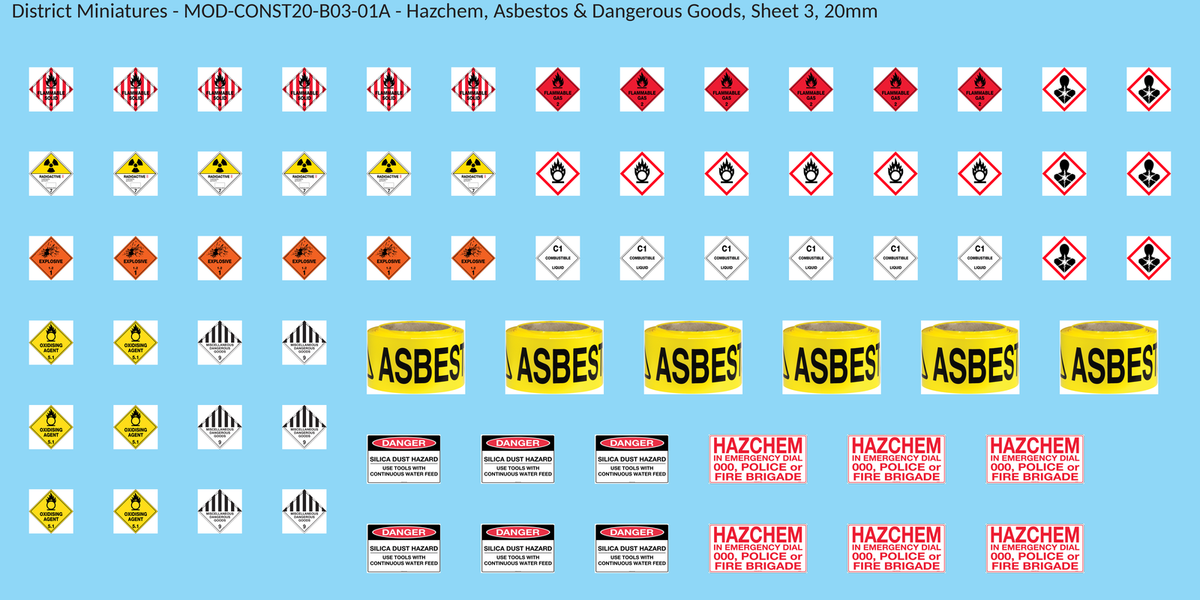Hazchem, Asbestos & Dangerous Goods, Sheet 3, 20mm decal sheet, clean finish