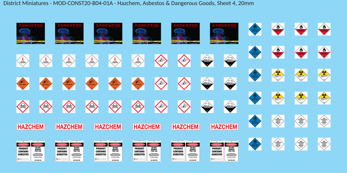 Hazchem, Asbestos & Dangerous Goods, Sheet 4, 20mm decal sheet, clean finish