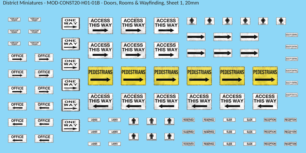 Doors, Rooms & Wayfinding, Sheet 1, 20mm decal sheet, weathered finish