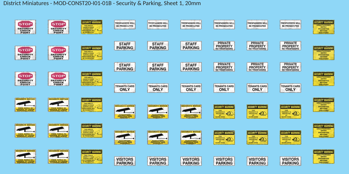 Security & Parking, Sheet 1, 20mm decal sheet, weathered finish