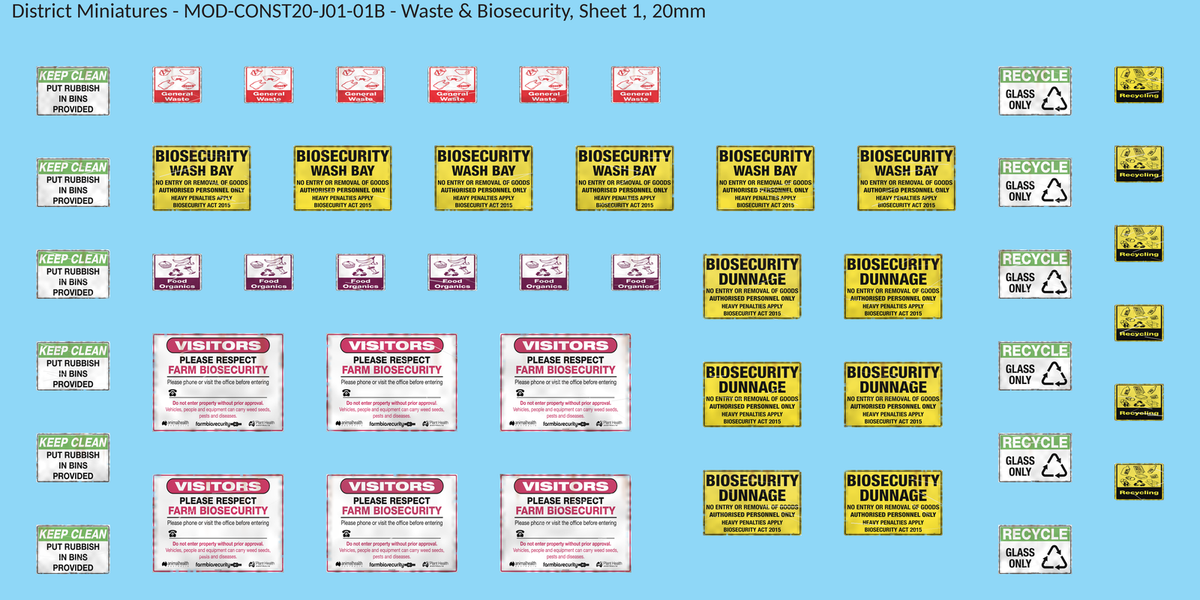 Waste & Biosecurity, Sheet 1, 20mm decal sheet, weathered finish