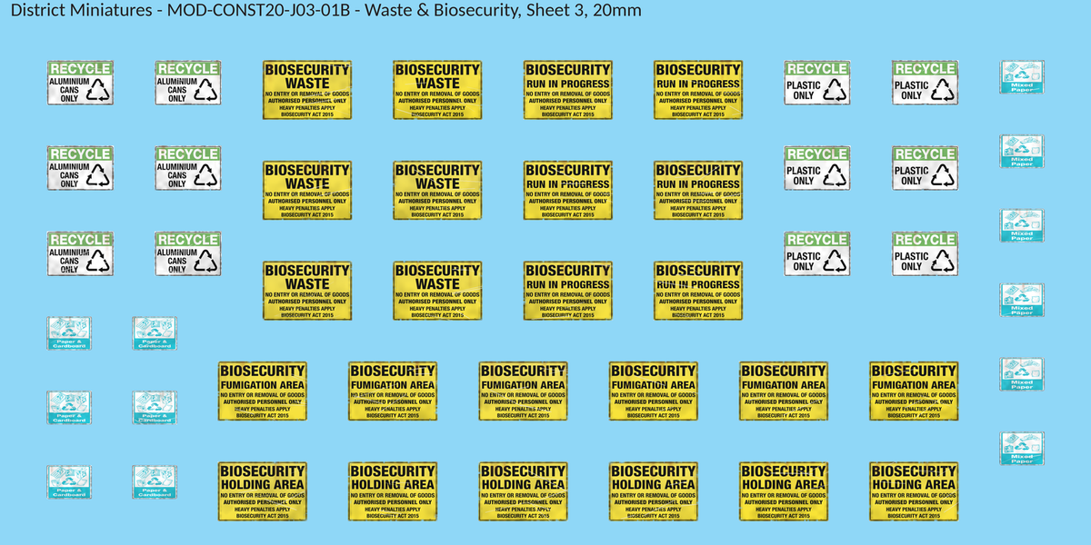 Waste & Biosecurity, Sheet 3, 20mm decal sheet, weathered finish