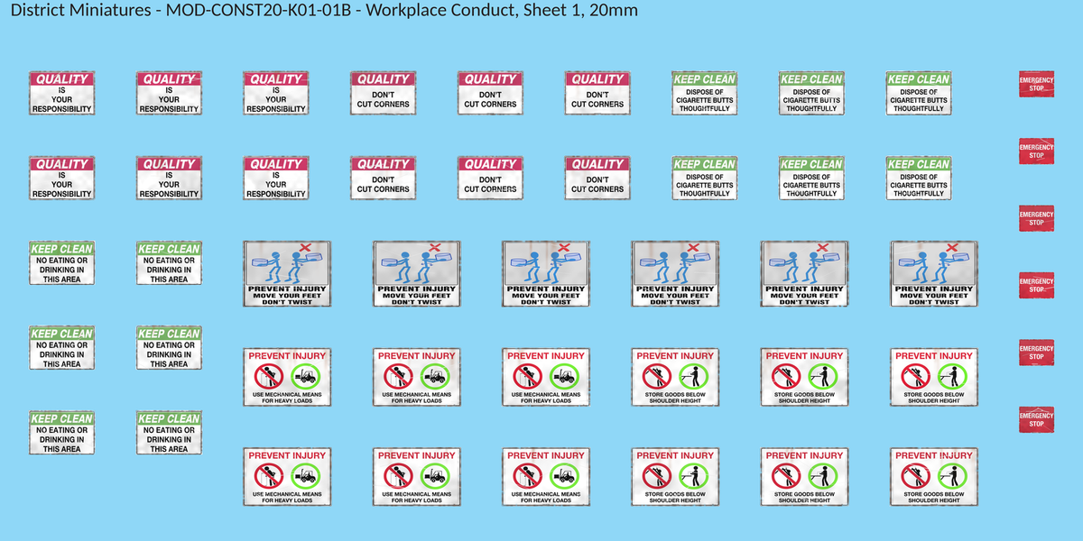 Workplace Conduct, Sheet 1, 20mm decal sheet, weathered finish