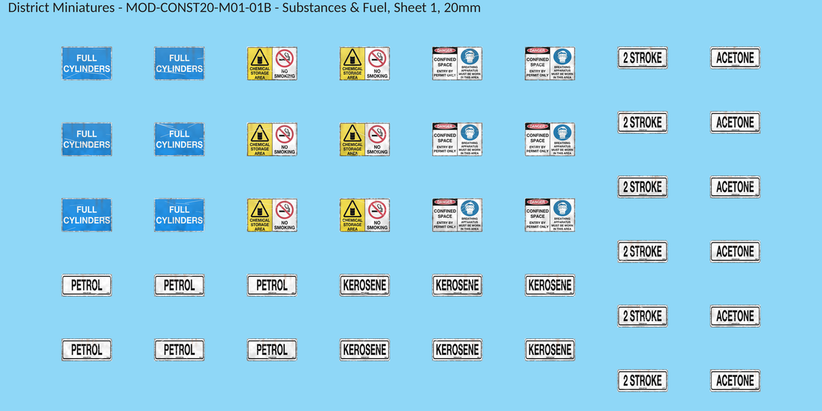 Substances & Fuel, Sheet 1, 20mm decal sheet, weathered finish