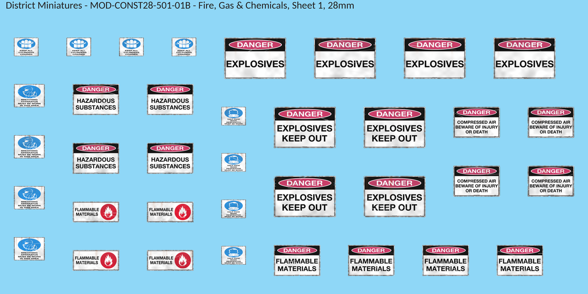 Fire, Gas & Chemicals, Sheet 1, 28mm decal sheet, weathered finish