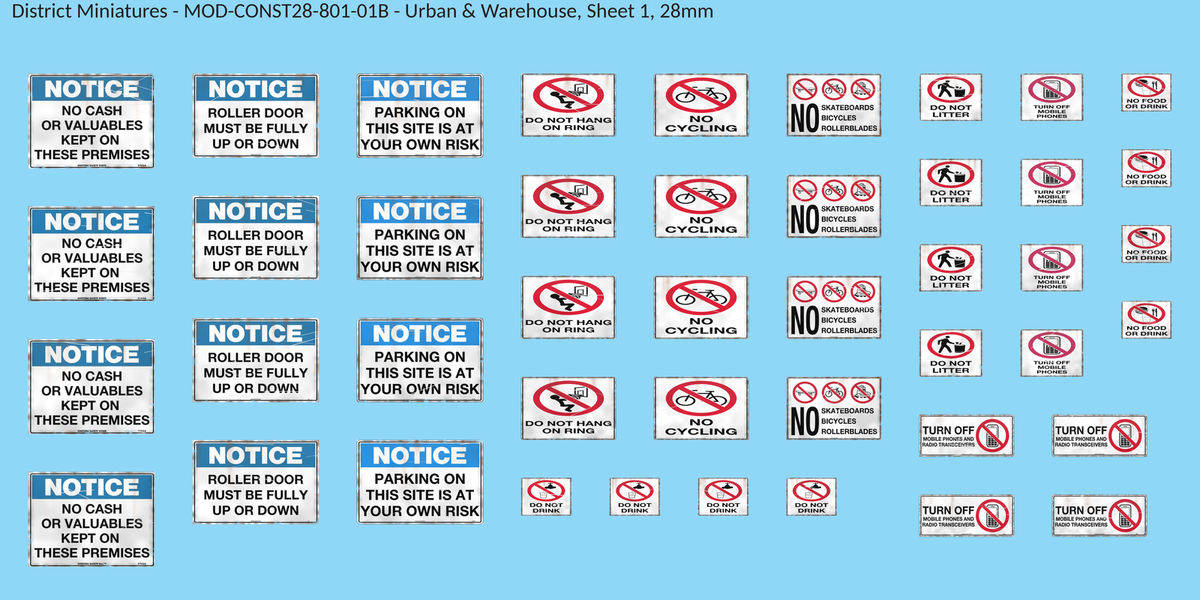 Urban & Warehouse, Sheet 1, 28mm decal sheet, weathered finish
