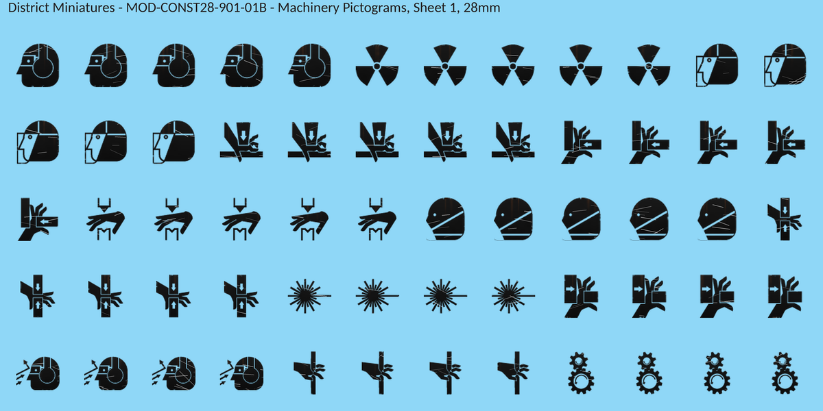 Machinery Pictograms, Sheet 1, 28mm decal sheet, weathered finish