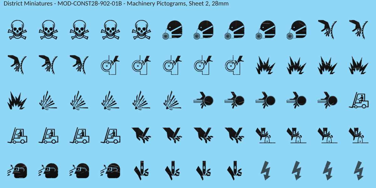 Machinery Pictograms, Sheet 2, 28mm decal sheet, weathered finish