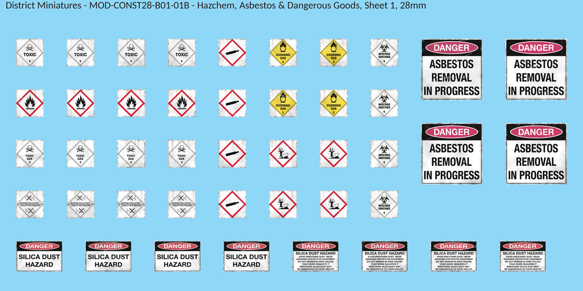 Hazchem, Asbestos & Dangerous Goods, Sheet 1, 28mm decal sheet, weathered finish
