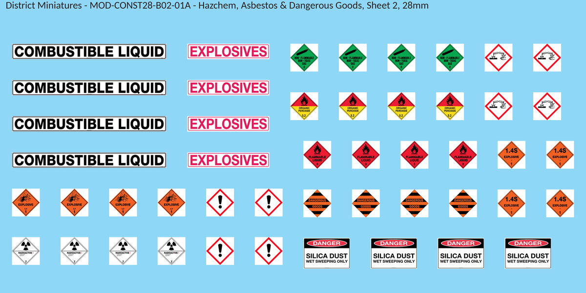Hazchem, Asbestos & Dangerous Goods, Sheet 2, 28mm decal sheet, clean finish