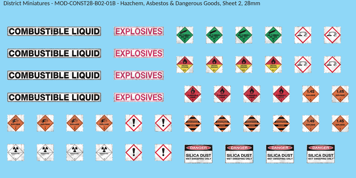 Hazchem, Asbestos & Dangerous Goods, Sheet 2, 28mm decal sheet, weathered finish
