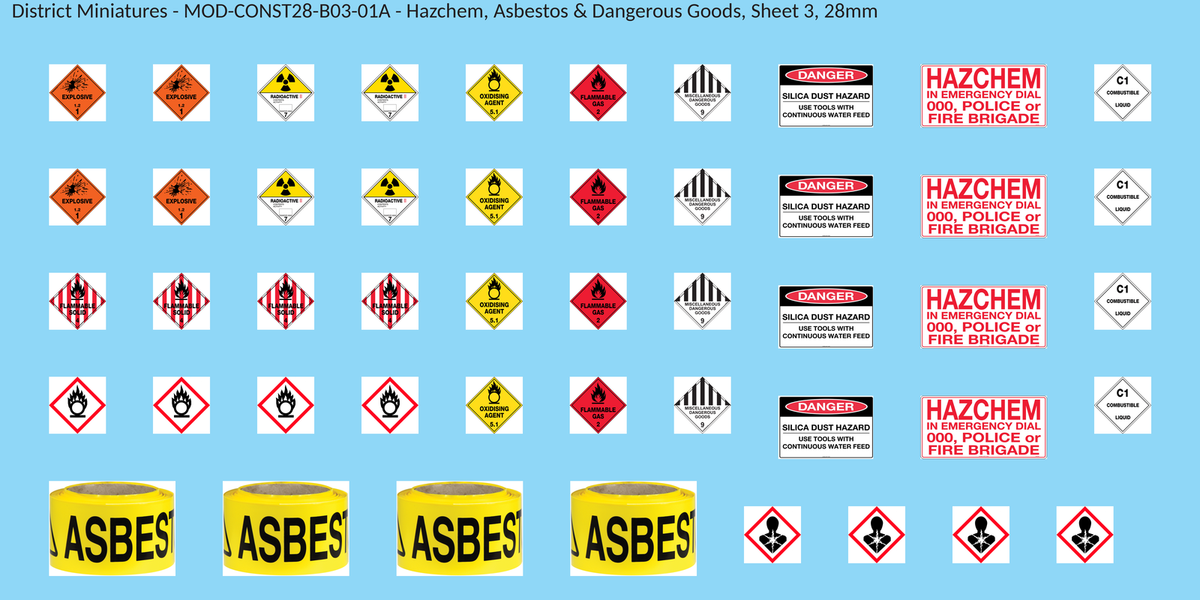 Hazchem, Asbestos & Dangerous Goods, Sheet 3, 28mm decal sheet, clean finish