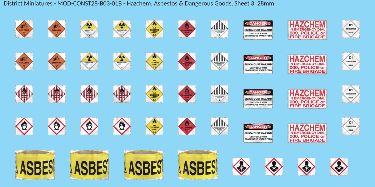 Hazchem, Asbestos & Dangerous Goods, Sheet 3, 28mm decal sheet, weathered finish