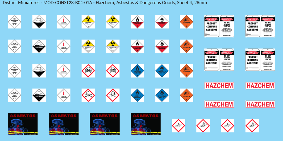 Hazchem, Asbestos & Dangerous Goods, Sheet 4, 28mm decal sheet, clean finish