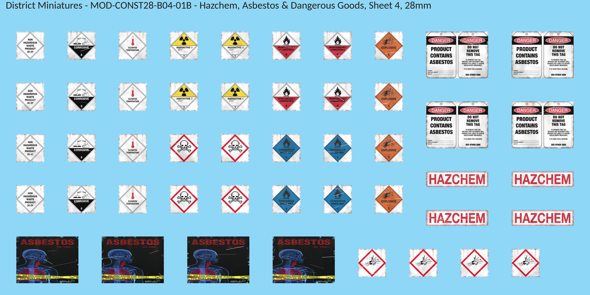 Hazchem, Asbestos & Dangerous Goods, Sheet 4, 28mm decal sheet, weathered finish