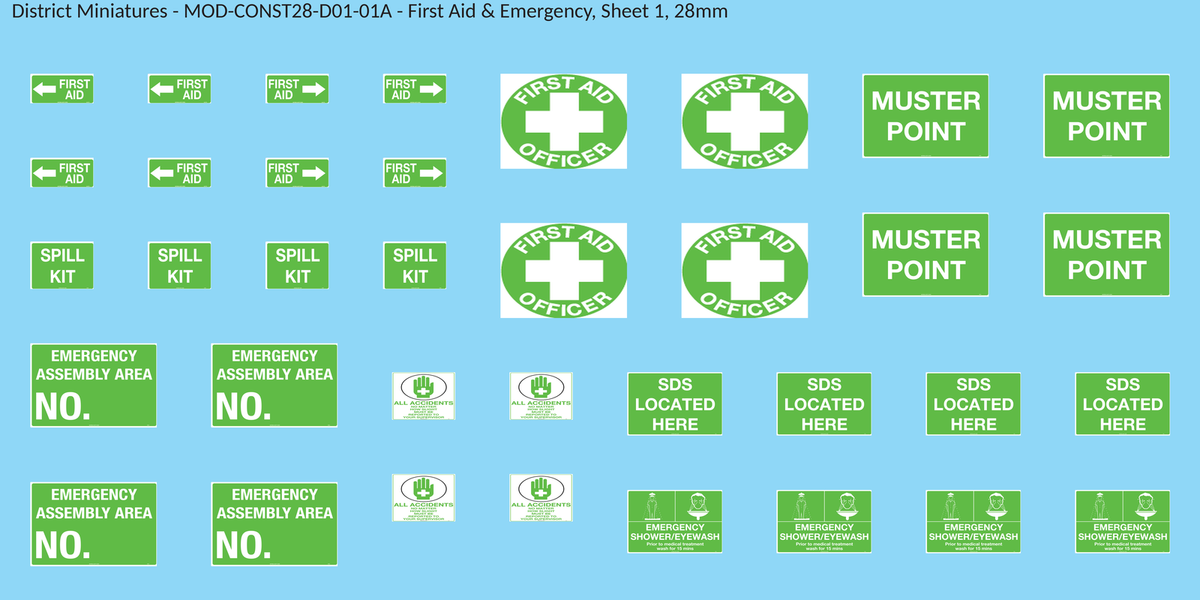First Aid & Emergency, Sheet 1, 28mm decal sheet, clean finish