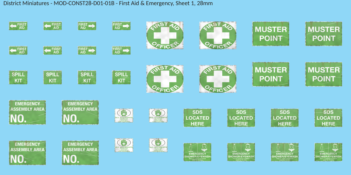 First Aid & Emergency, Sheet 1, 28mm decal sheet, weathered finish