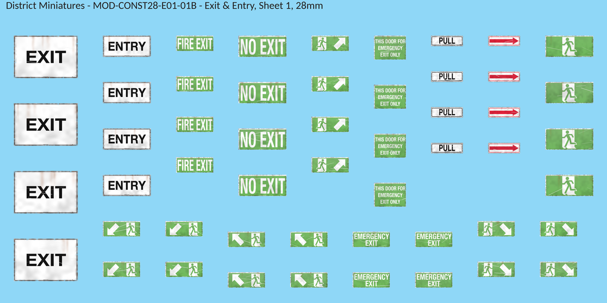 Exit & Entry, Sheet 1, 28mm decal sheet, weathered finish