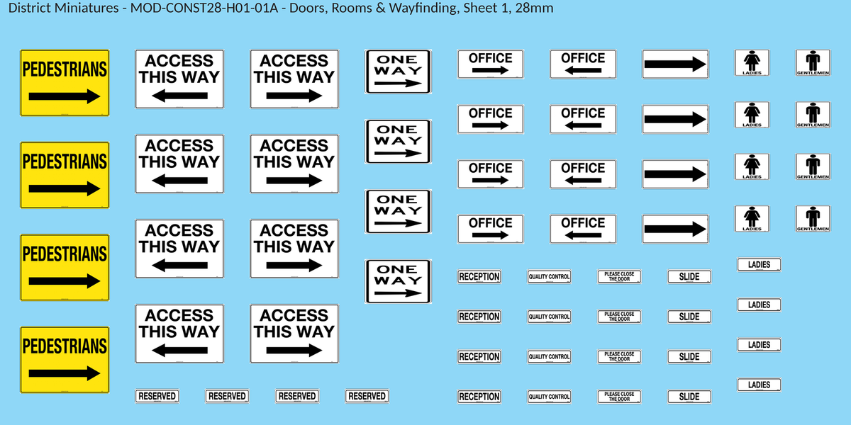 Doors, Rooms & Wayfinding, Sheet 1, 28mm decal sheet, clean finish