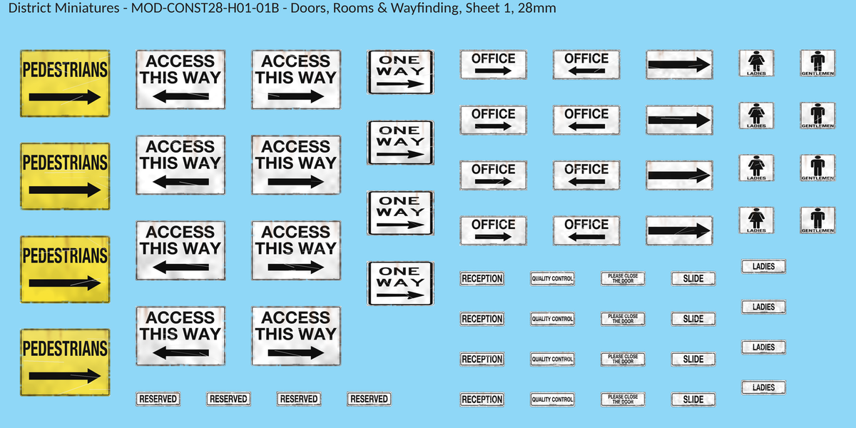 Doors, Rooms & Wayfinding, Sheet 1, 28mm decal sheet, weathered finish