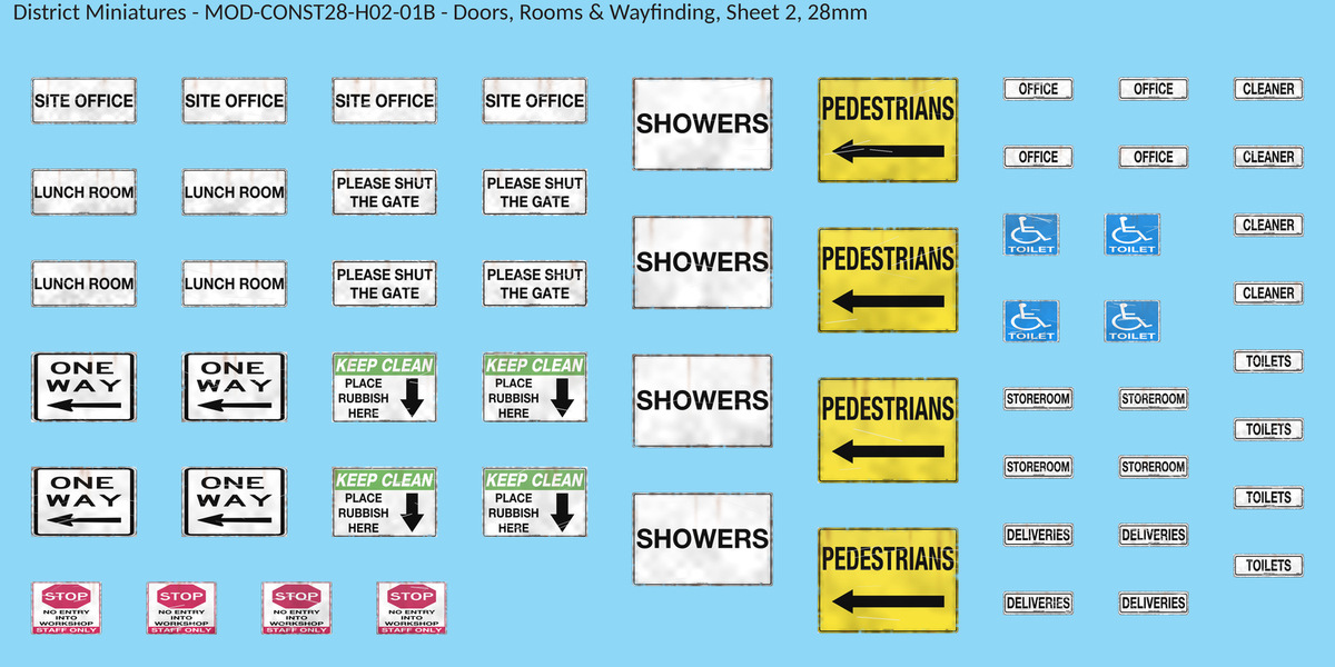 Doors, Rooms & Wayfinding, Sheet 2, 28mm decal sheet, weathered finish