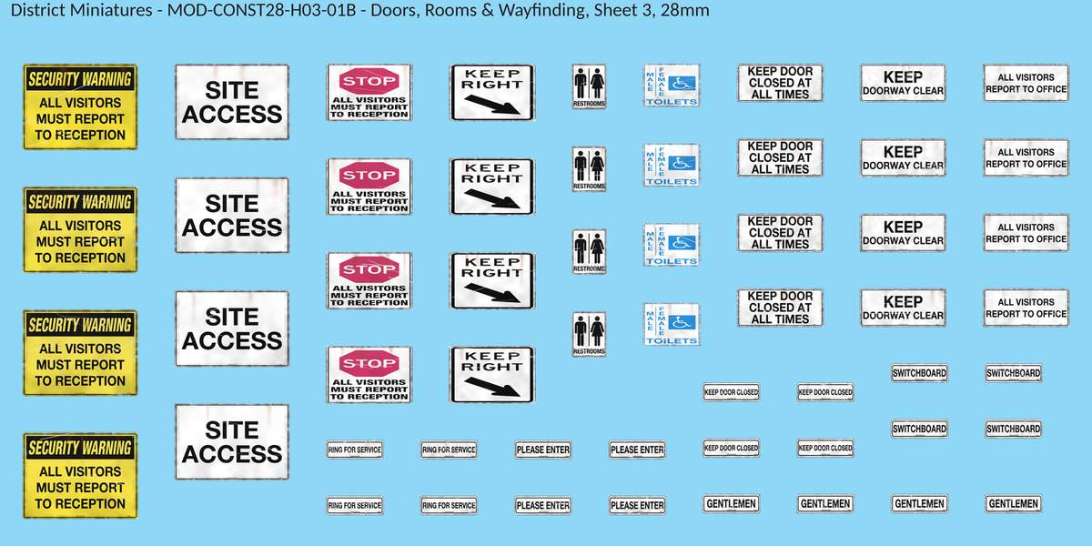 Doors, Rooms & Wayfinding, Sheet 3, 28mm decal sheet, weathered finish