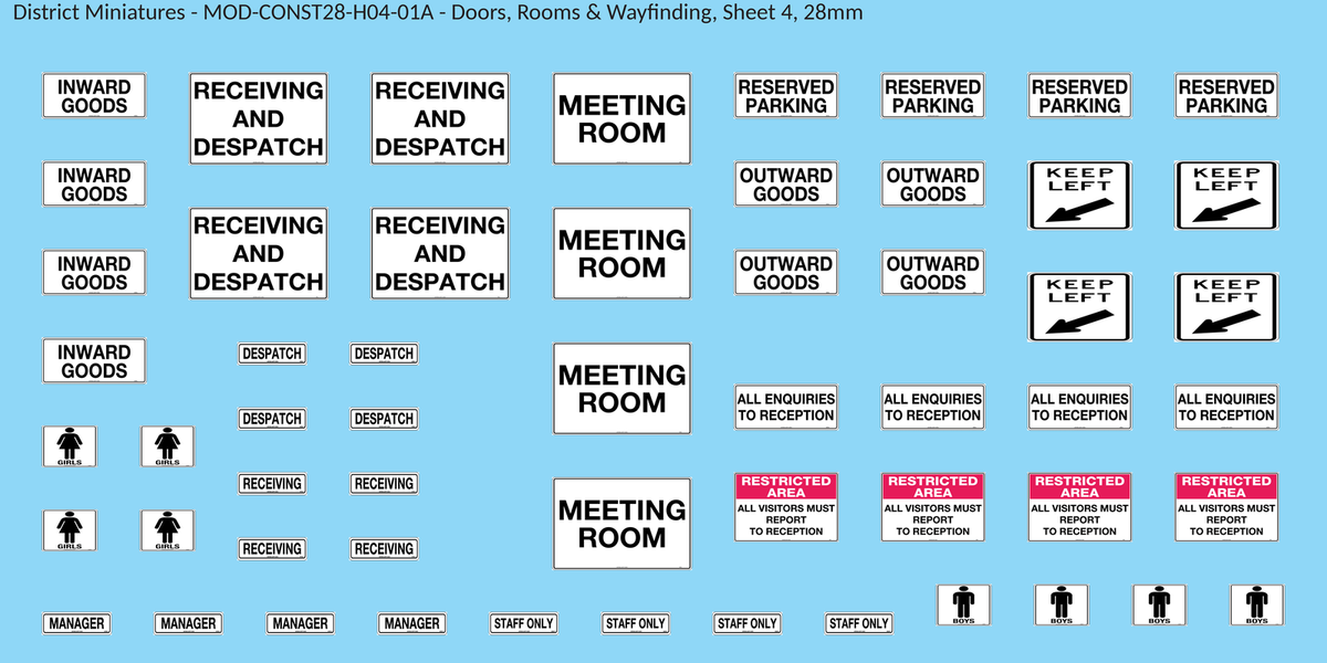 Doors, Rooms & Wayfinding, Sheet 4, 28mm decal sheet, clean finish