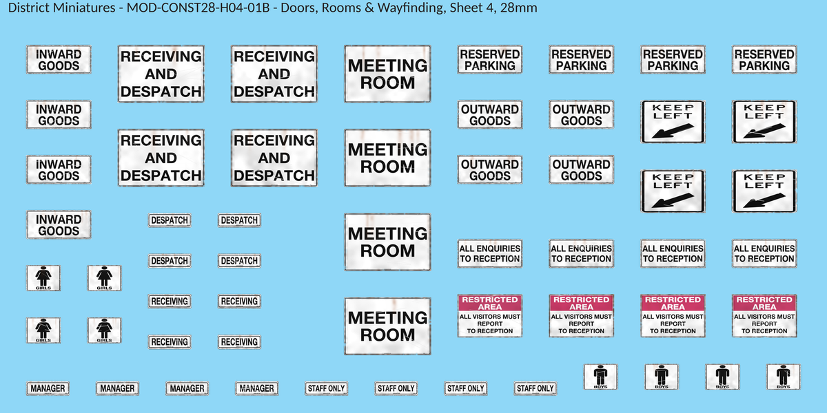 Doors, Rooms & Wayfinding, Sheet 4, 28mm decal sheet, weathered finish