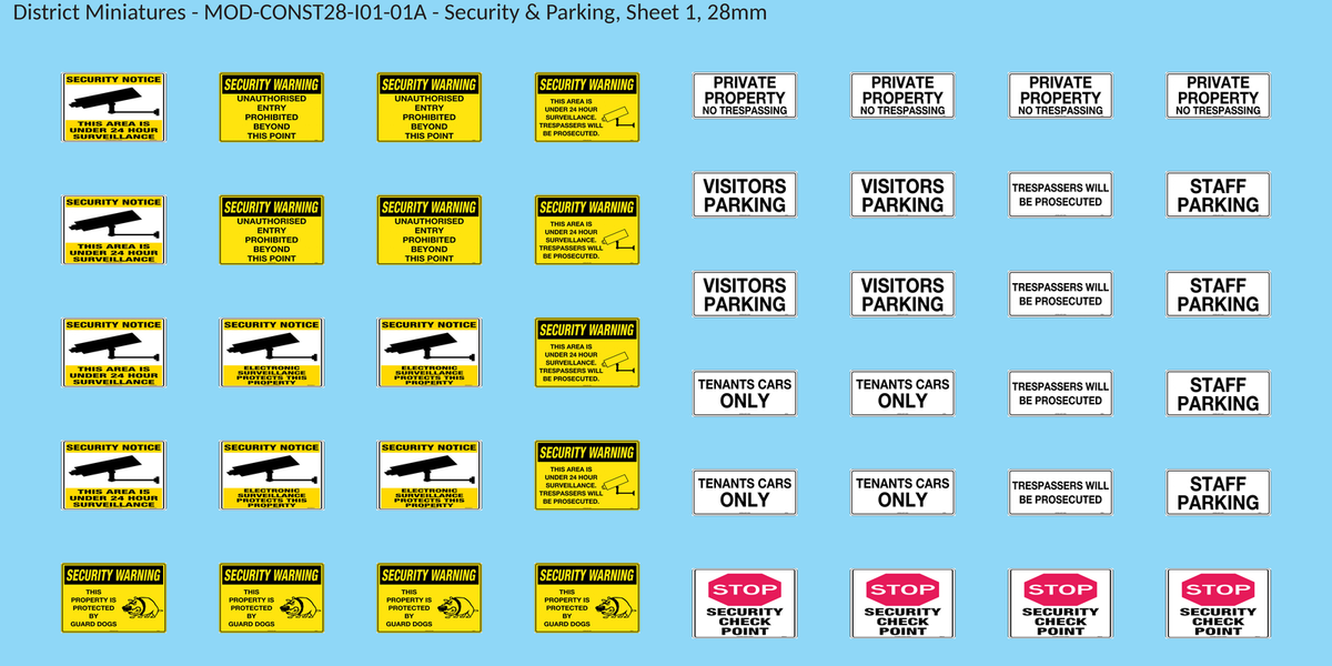 Security & Parking, Sheet 1, 28mm decal sheet, clean finish