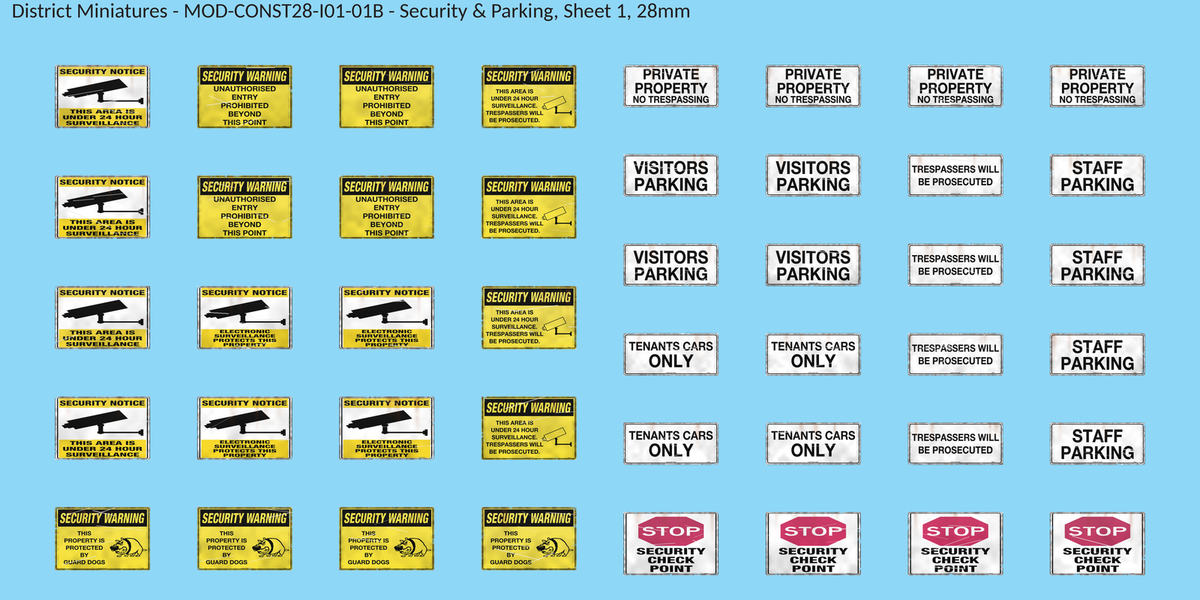 Security & Parking, Sheet 1, 28mm decal sheet, weathered finish