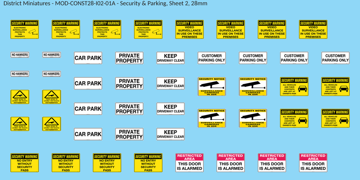 Security & Parking, Sheet 2, 28mm decal sheet, clean finish