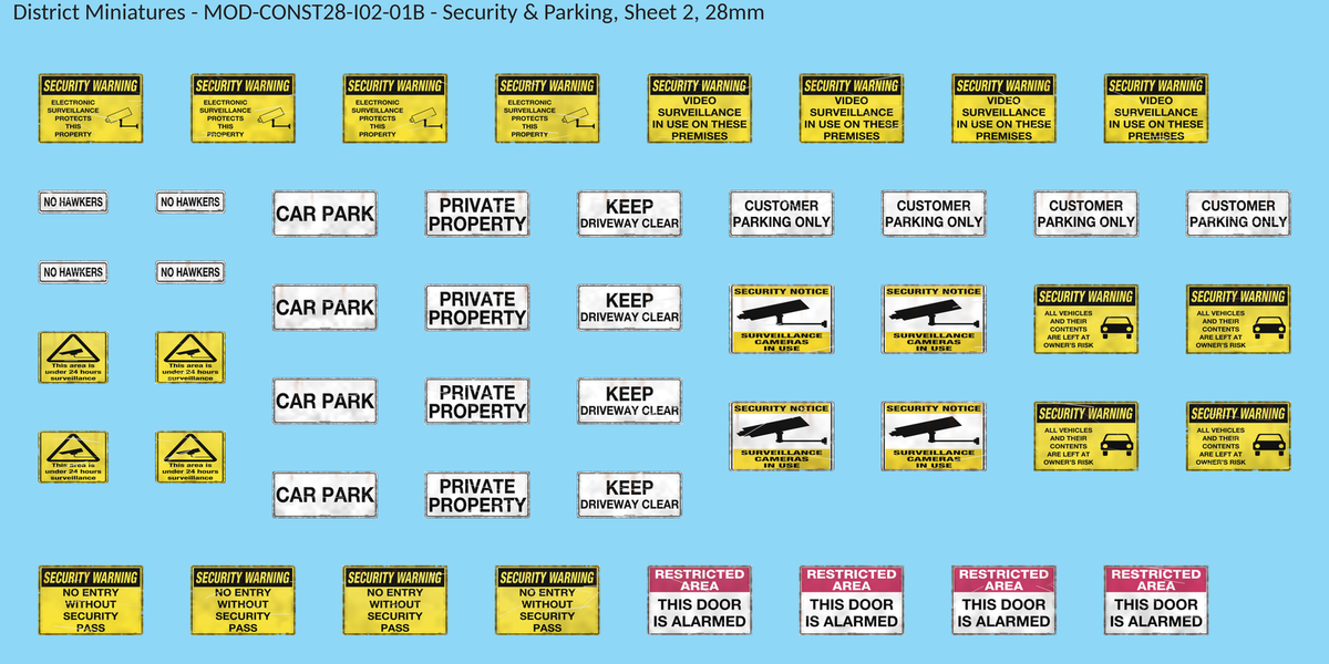 Security & Parking, Sheet 2, 28mm decal sheet, weathered finish
