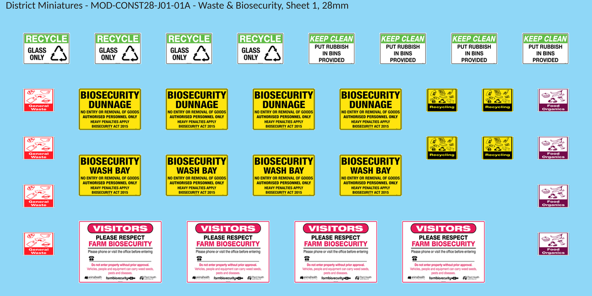 Waste & Biosecurity, Sheet 1, 28mm decal sheet, clean finish