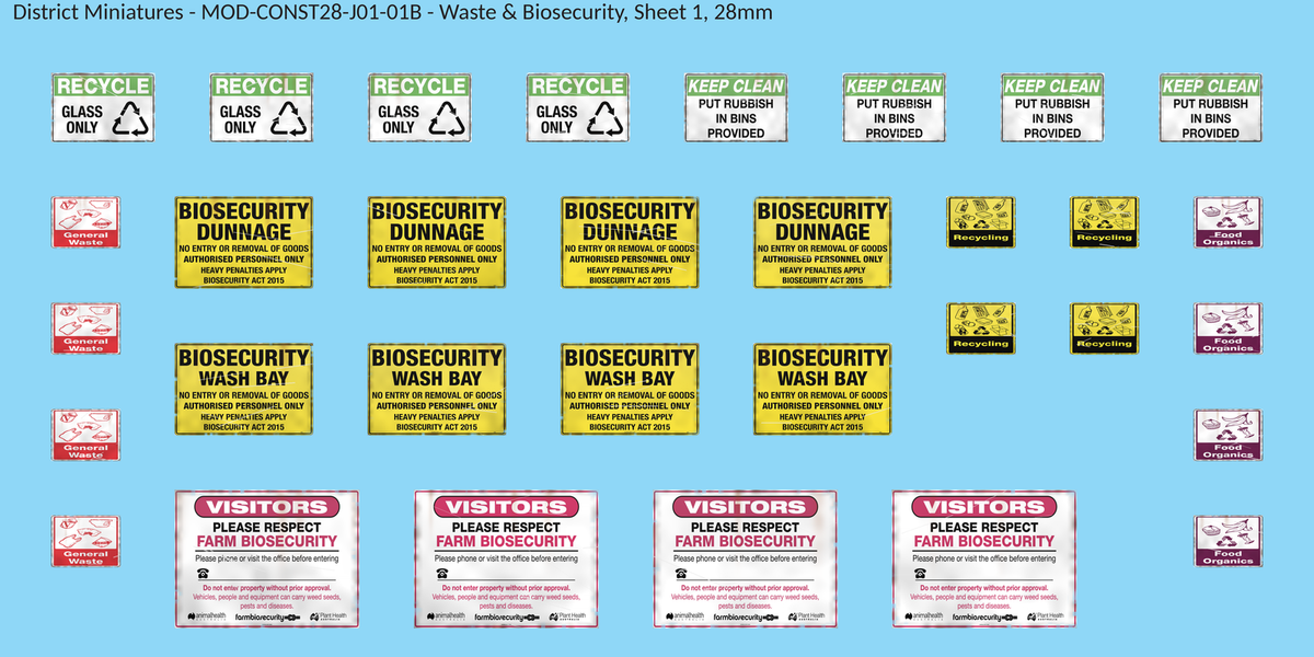 Waste & Biosecurity, Sheet 1, 28mm decal sheet, weathered finish