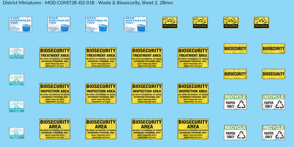 Waste & Biosecurity, Sheet 2, 28mm decal sheet, weathered finish