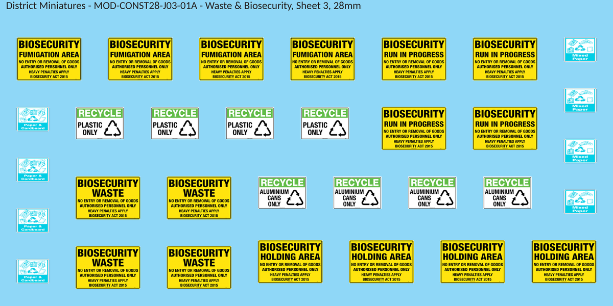 Waste & Biosecurity, Sheet 3, 28mm decal sheet, clean finish