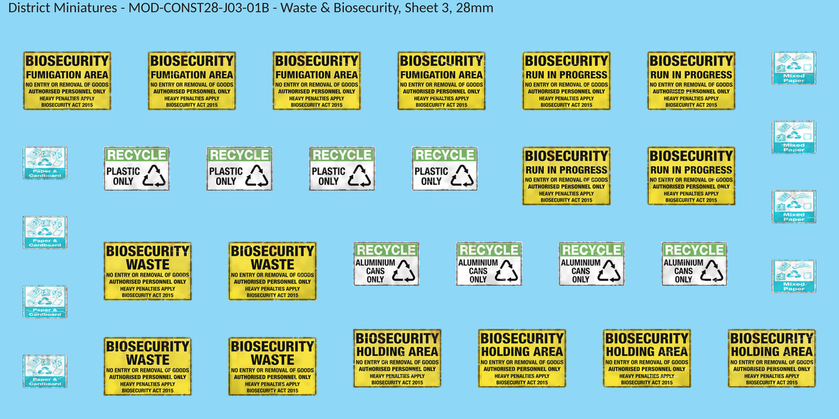 Waste & Biosecurity, Sheet 3, 28mm decal sheet, weathered finish