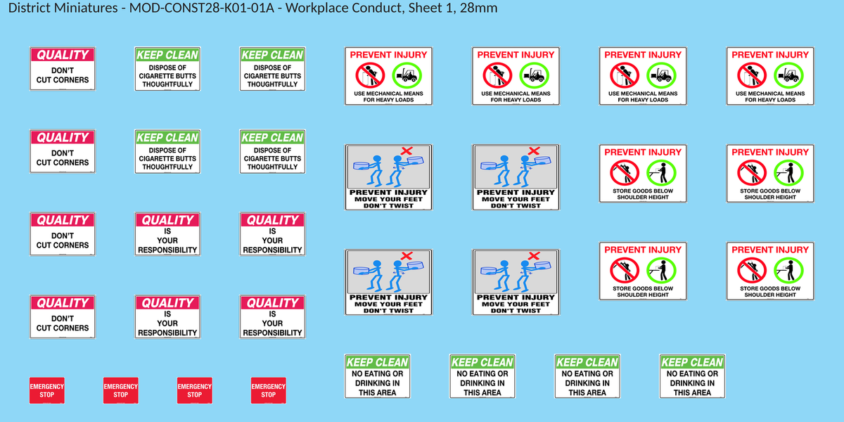 Workplace Conduct, Sheet 1, 28mm decal sheet, clean finish