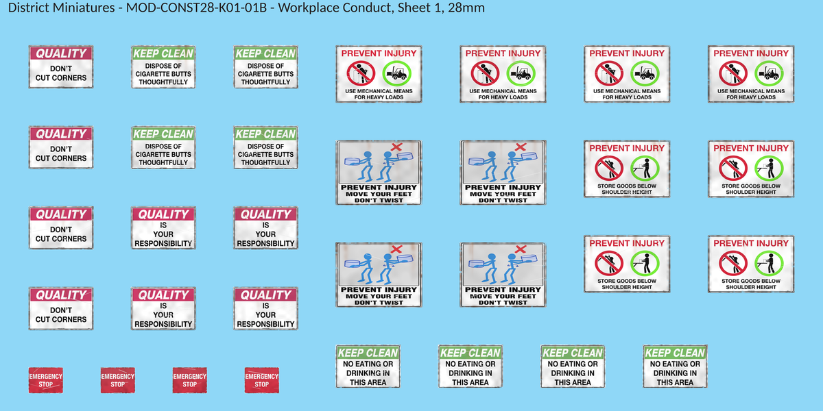 Workplace Conduct, Sheet 1, 28mm decal sheet, weathered finish