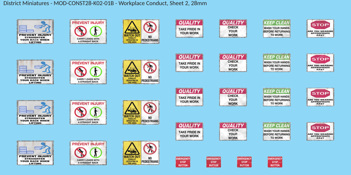 Workplace Conduct, Sheet 2, 28mm decal sheet, weathered finish
