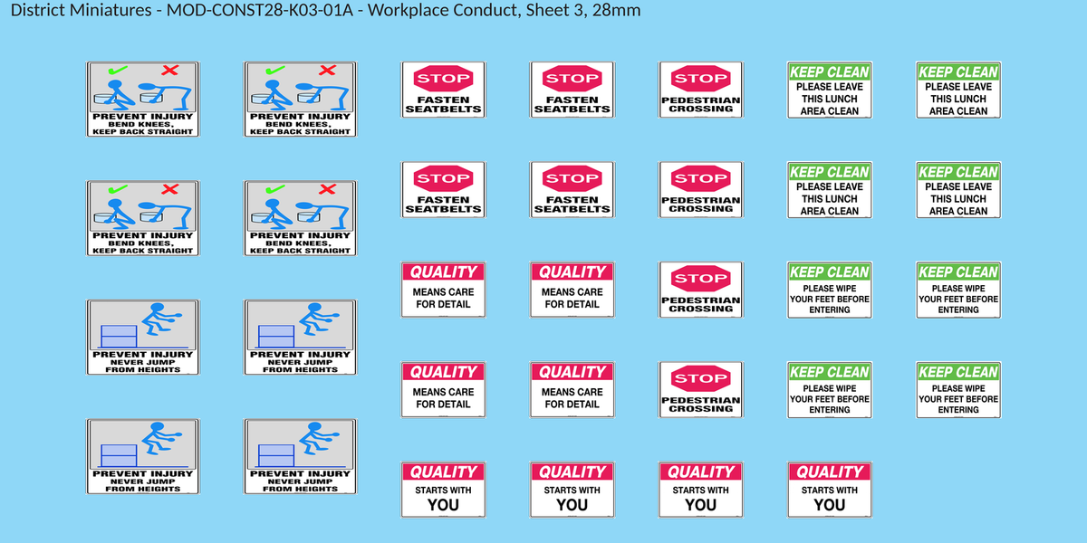 Workplace Conduct, Sheet 3, 28mm decal sheet, clean finish