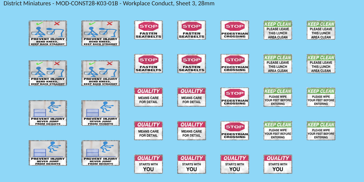 Workplace Conduct, Sheet 3, 28mm decal sheet, weathered finish