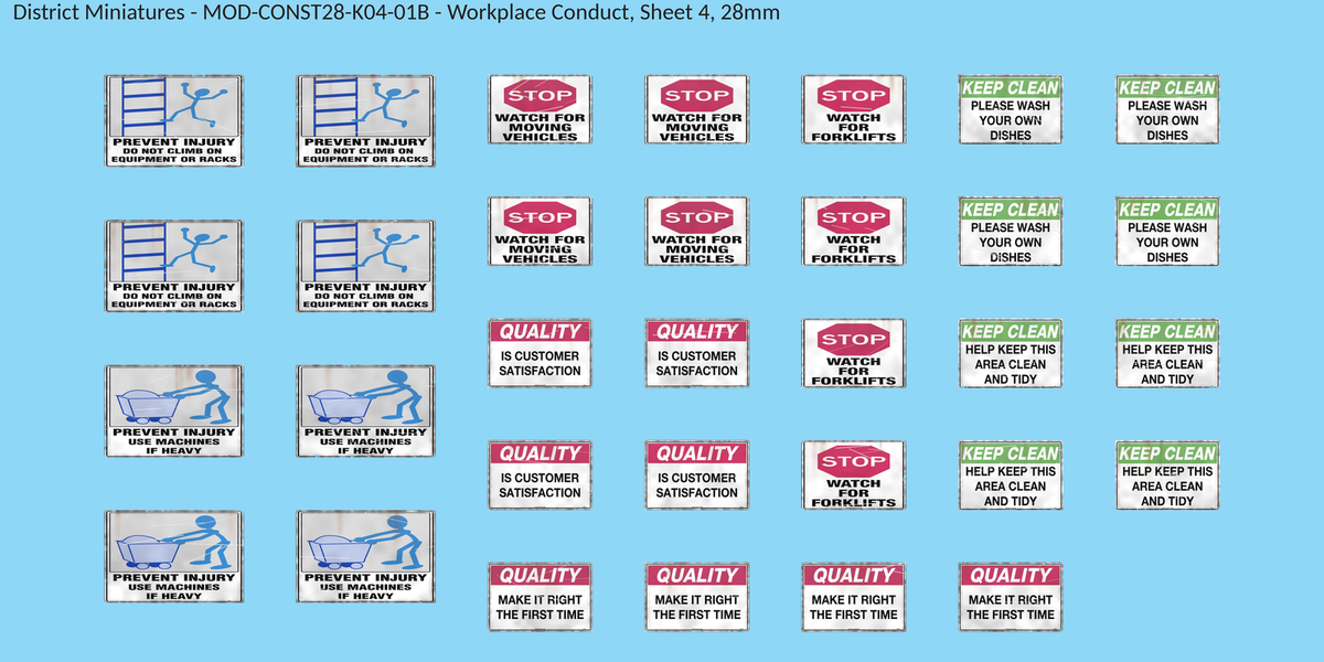 Workplace Conduct, Sheet 4, 28mm decal sheet, weathered finish