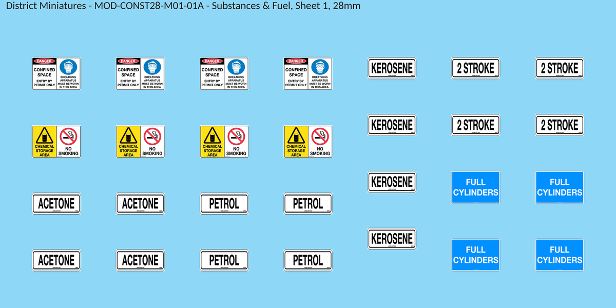 Substances & Fuel, Sheet 1, 28mm decal sheet, clean finish