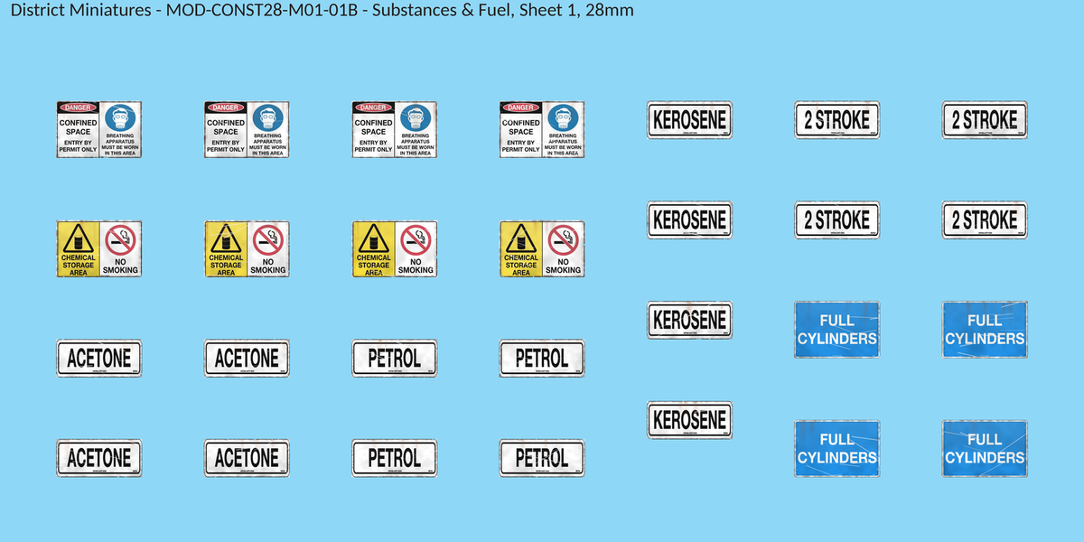 Substances & Fuel, Sheet 1, 28mm decal sheet, weathered finish