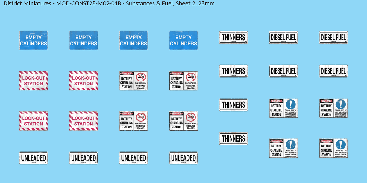Substances & Fuel, Sheet 2, 28mm decal sheet, weathered finish