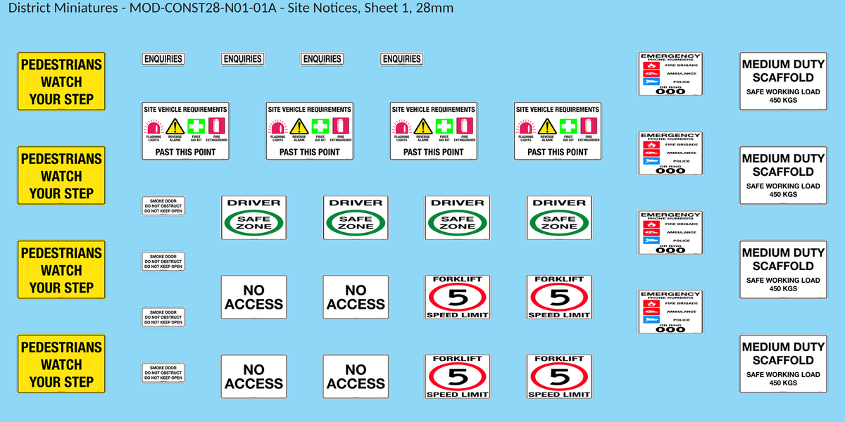 Site Notices, Sheet 1, 28mm decal sheet, clean finish