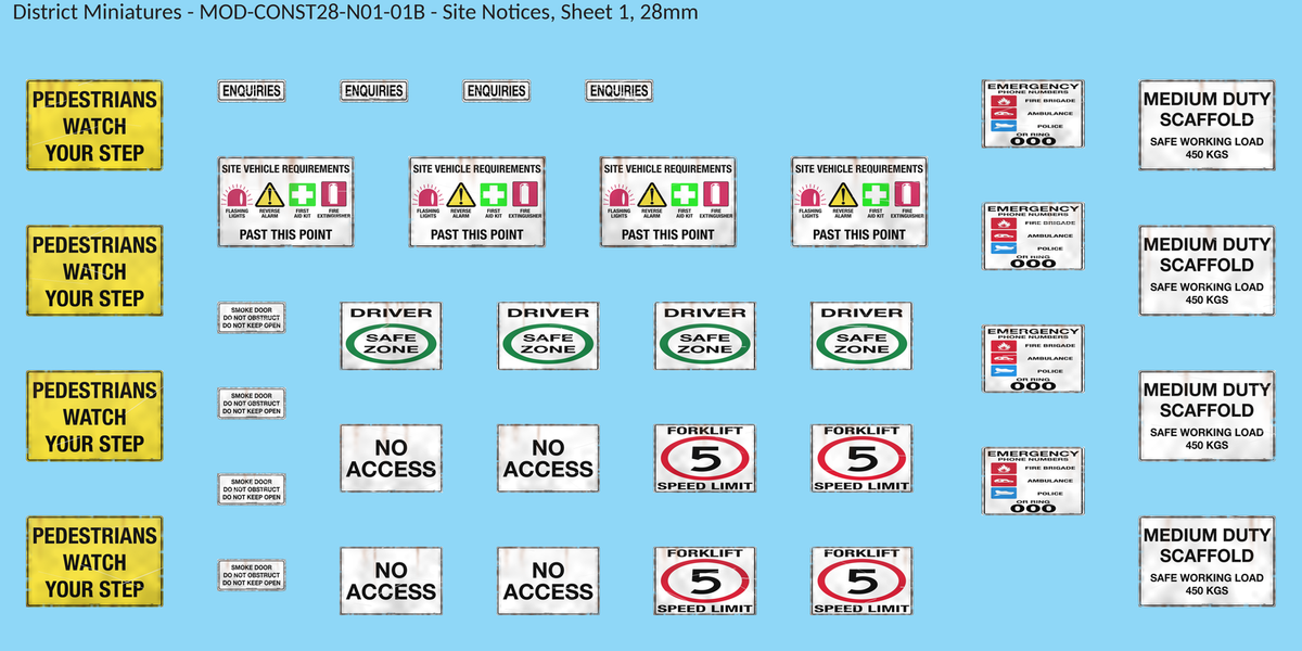 Site Notices, Sheet 1, 28mm decal sheet, weathered finish