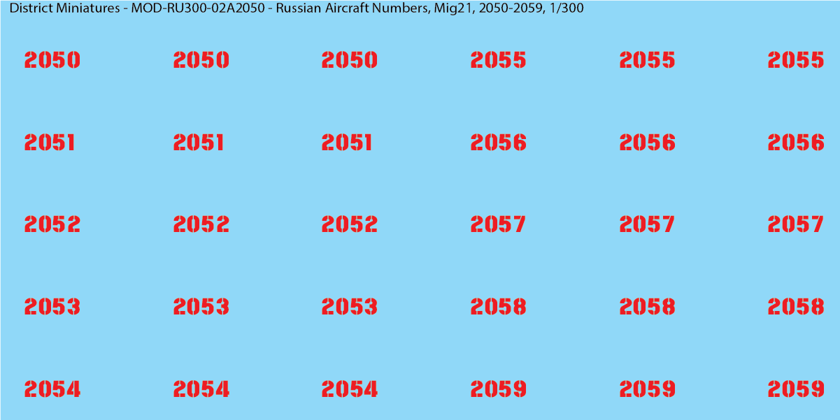 Russian Aircraft Numbers, Mig21 (Multiple Options), 1/300 Decals