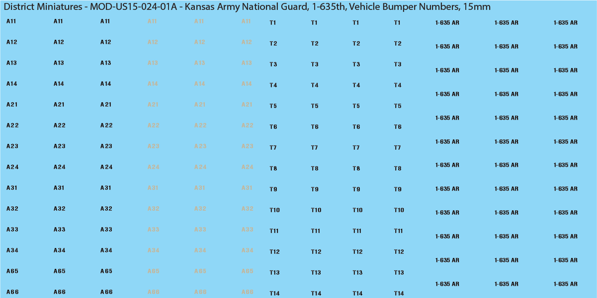 Modern US - Kansas Army National Guard, 1-635th (Multiple Options), 15mm Decals
